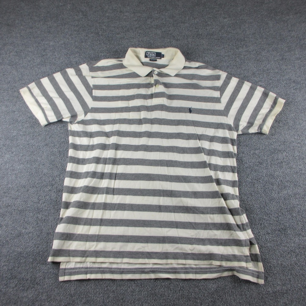 Polo By Ralph Lauren Polo Shirt Mens L Gray Striped Short Sleeve Logo Flaw